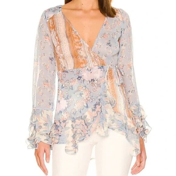 Free People Tops - Free People x Revolve Magic Hour Wrap Top Baby Blue Ruffle Bell Sleeve Size XS